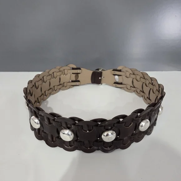 Calvin Klein Woven Wide Brown Leather Belt - Picture 3 of 6
